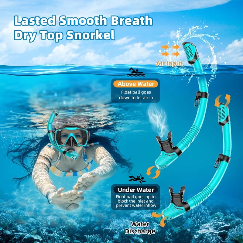 Honlanor Snorkel Set Adults Snorkeling Gear Anti-Leak and Anti-Fog Tempered Glass Lens Panoramic View Swim Mask Dry Top Snorkel Kit for Snorkeling Scuba Diving Swimming Travel with Carry Bag - Image 3